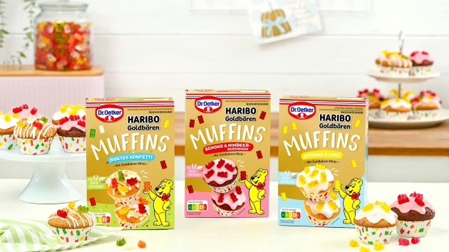 Haribo und Dr. Oetker feiern Jubiläum - In drei Geschmacksrichtungen gibt es die Goldbären-Muffins bald als Limited Edition zu kaufen - Quelle: Dr. Oetker